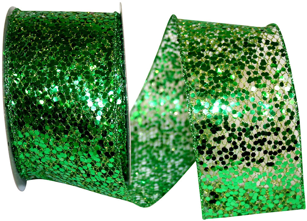 Lime Sequin Glitter Wired Edge Ribbon 2-1/2 Inch for Wreaths