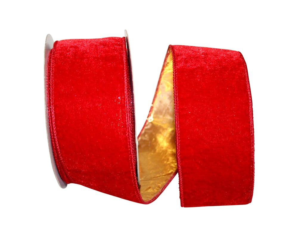 Red Gold Plush Velvet Wired Edge Ribbon 2-1/2 Inch