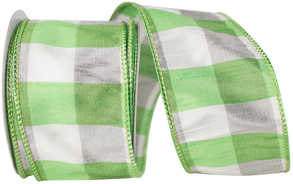 Green 2-1 2 Inch Check Green Gusto Wired Edge Ribbon for Wreaths & Bows