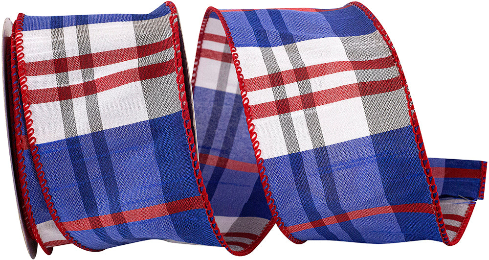 Plaid Americana Wired Edge Ribbon Red White Blue 2-1/2 Inch