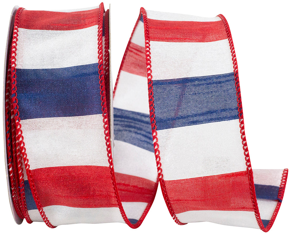 Red White Blue 1-1 2 Inch American Dupioni Bar Wired Edge Ribbon for Wreaths & Bows