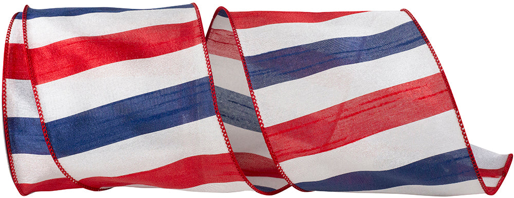 Red White Blue 4 Inch American Dupioni Bar Wired Edge Ribbon for Wreaths & Bows