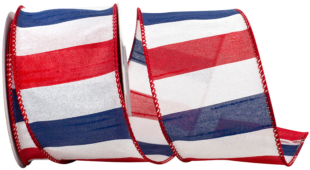 Red White Blue 2-1 2 Inch American Dupioni Bar Wired Edge Ribbon for Wreaths & Bows