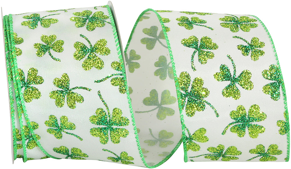 Glitter Shamrock Clover Wired Edge Ribbon White Green 2-1/2 Inch