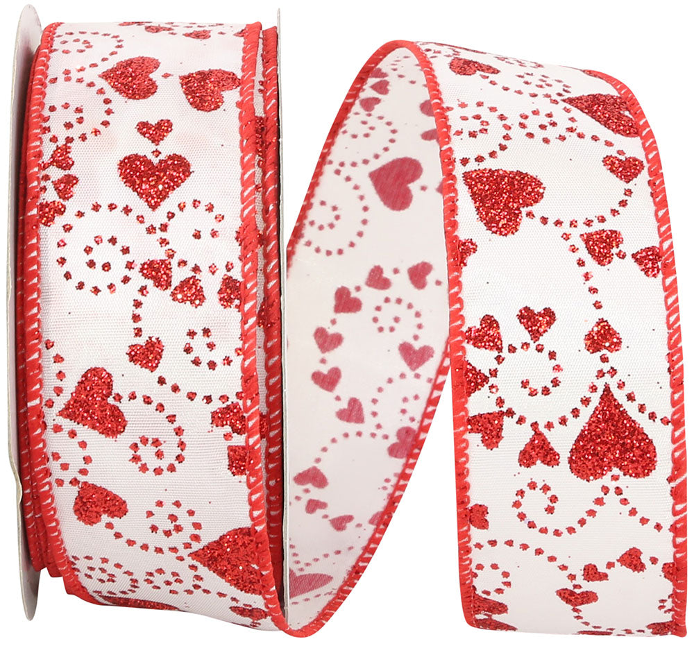 Heart Glitter Trails Wired Edge Ribbon White Red 1-1/2 Inch