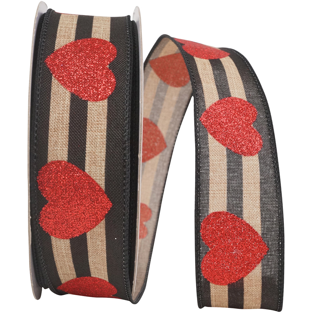Heart Glitter Stripes Wired Edge Ribbon Natural Black 1.5 Inch