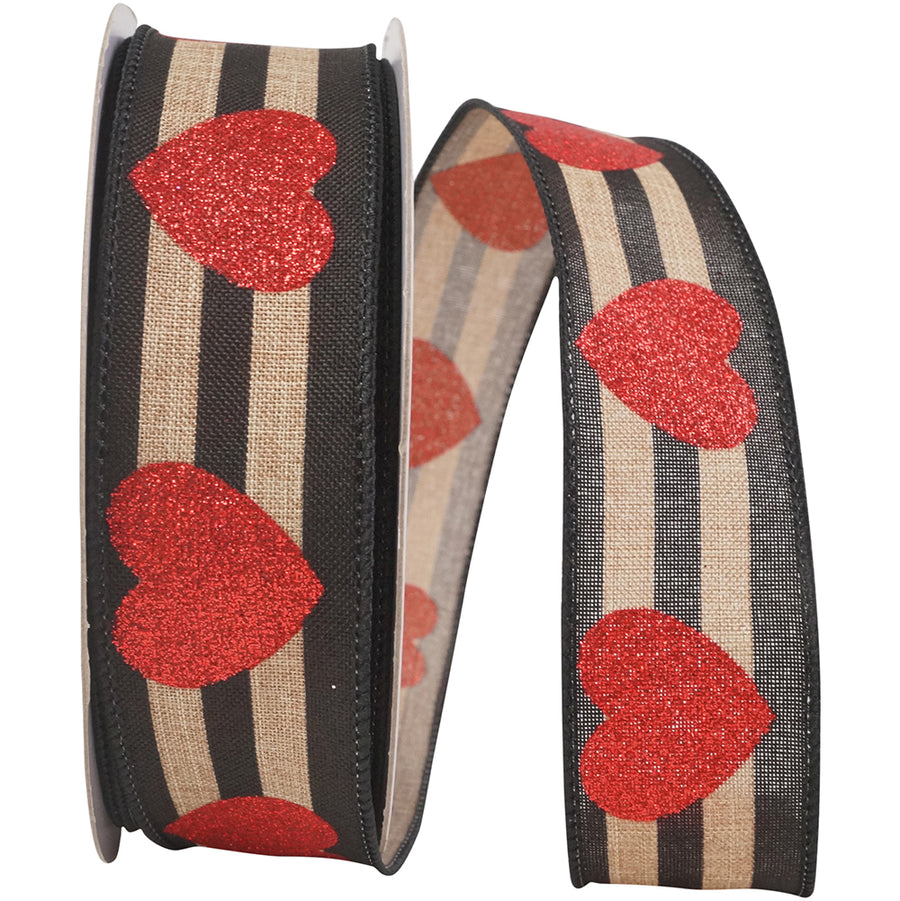 Heart Glitter Stripes Wired Edge Ribbon Natural Black 1.5 Inch