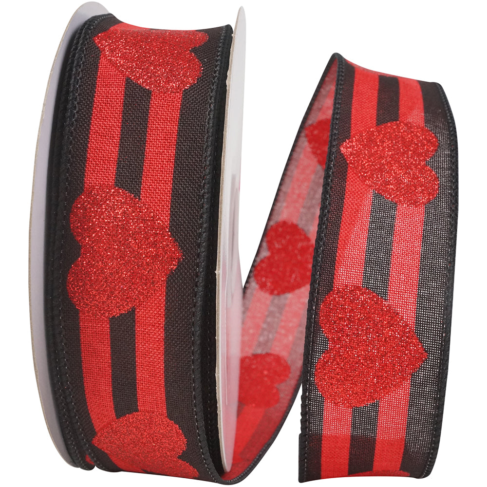 Heart Glitter Stripes Wired Edge Ribbon Red Black 1-1/2 Inch