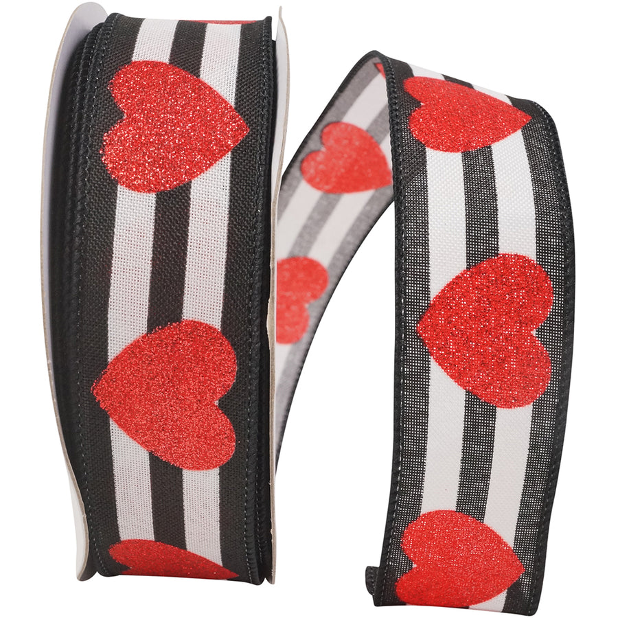 Heart Glitter Stripes Wired Edge Ribbon Black White 1-1/2 Inch
