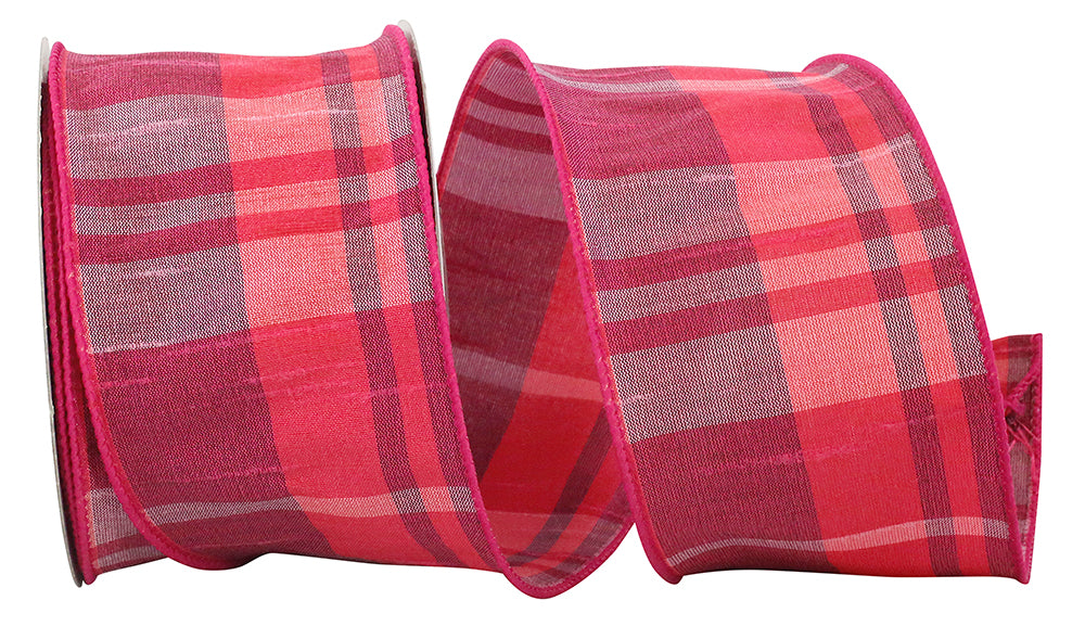 Fuchsia Sherbert Plaid Wired Edge Ribbon 2-1/2 Inch