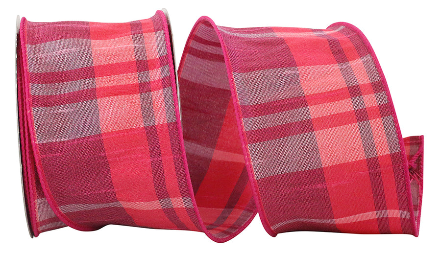 Fuchsia Sherbert Plaid Wired Edge Ribbon 2-1/2 Inch