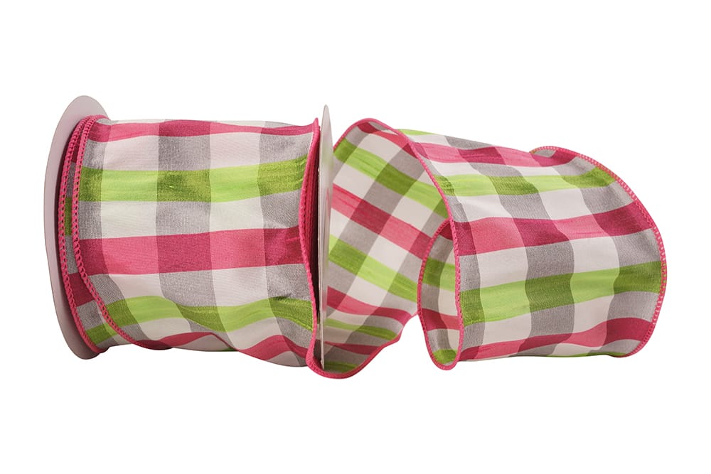 Fuchsia Lime 4 Inch Check Dupioni Colors Wired Edge Ribbon for Wreaths & Bows