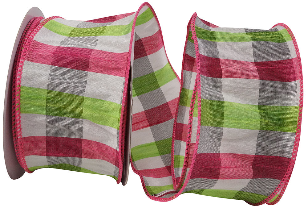 Fuchsia Lime 2-1 2 Inch Check Dupioni Colors Wired Edge Ribbon for Wreaths & Bows