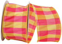 Check Dupioni Wired Edge Ribbon Yellow Fuchsia 2-1/2 Inch