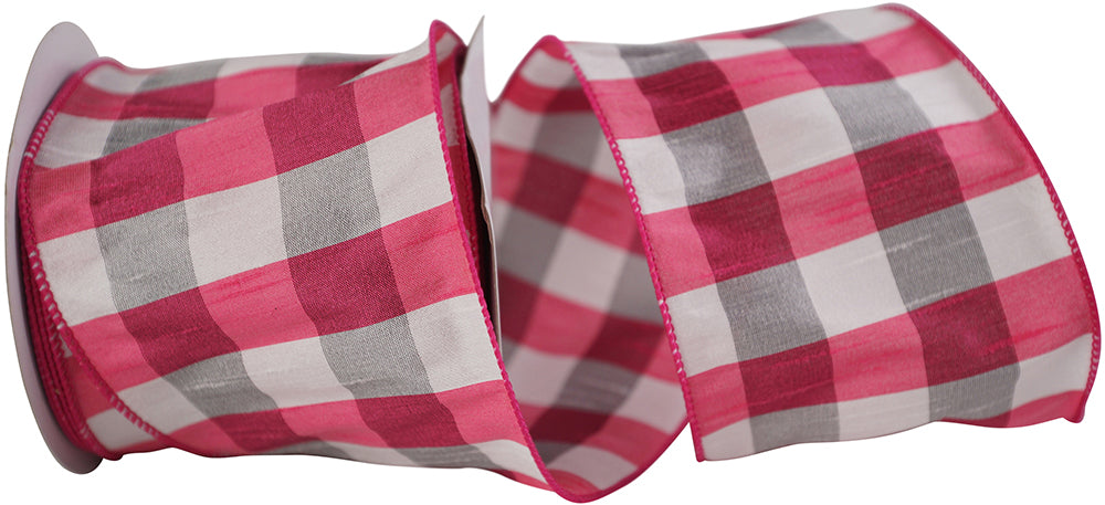 Wired Edge Fuchsia White 4 Inch Dupioni Check Ribbon