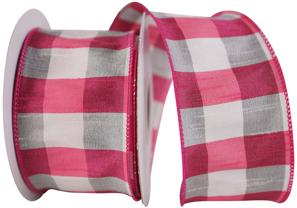 Dupioni Check Grande Ribbon Fuchsia White 2-1/2 Inch