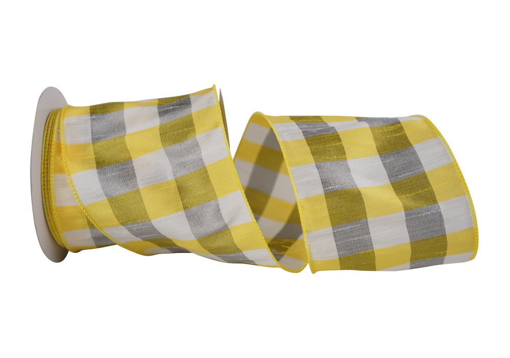 Yellow White 4 Inch Dupioni Check Grande Wired Edge Ribbon for Wreaths & Bows