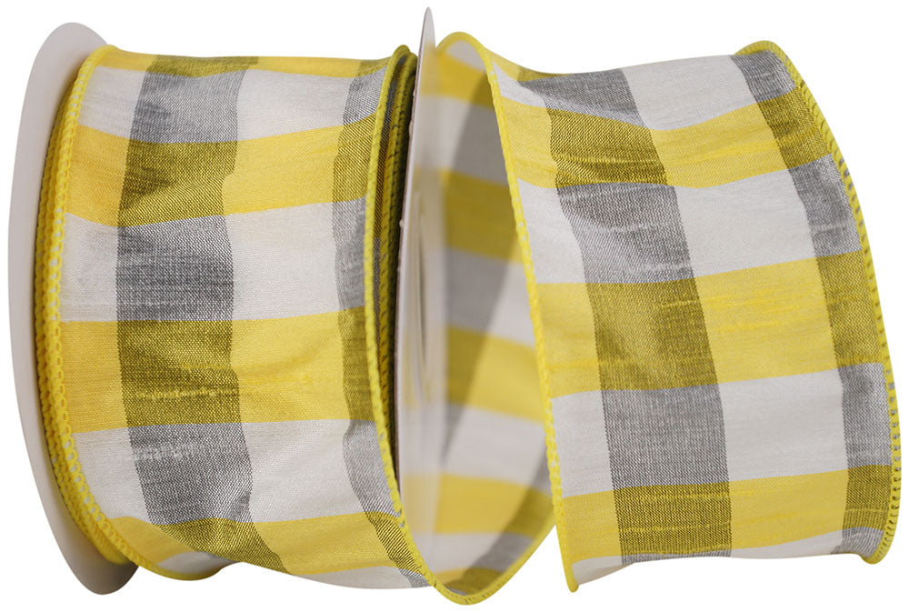 Yellow White 2-1 2 Inch Dupioni Check Grande Wired Edge Ribbon for Wreaths & Bows