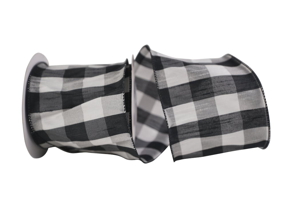 Black White 4 Inch Dupioni Check Grande Wired Edge Ribbon for Wreaths & Bows