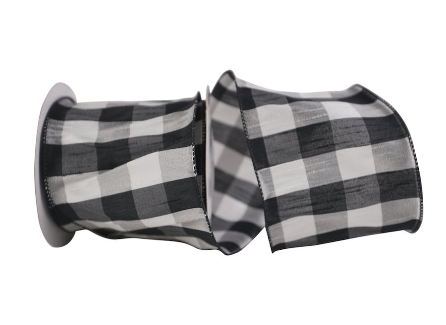 Black White 4 Inch Dupioni Check Grande Wired Edge Ribbon for Wreaths & Bows