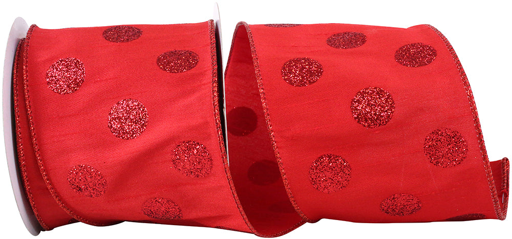 Red Dupioni Glitter Dots Wired Edge Ribbon 4 Inch
