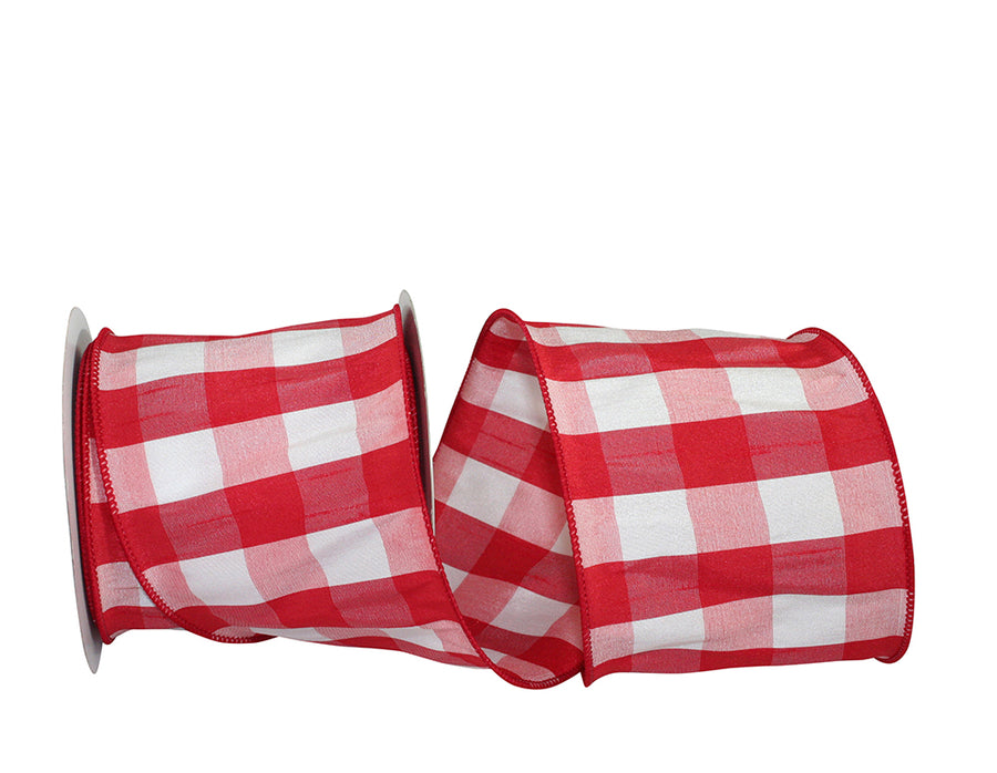 4 Inch Red White Dupioni Plaid Buffalo Wired Edge Ribbon
