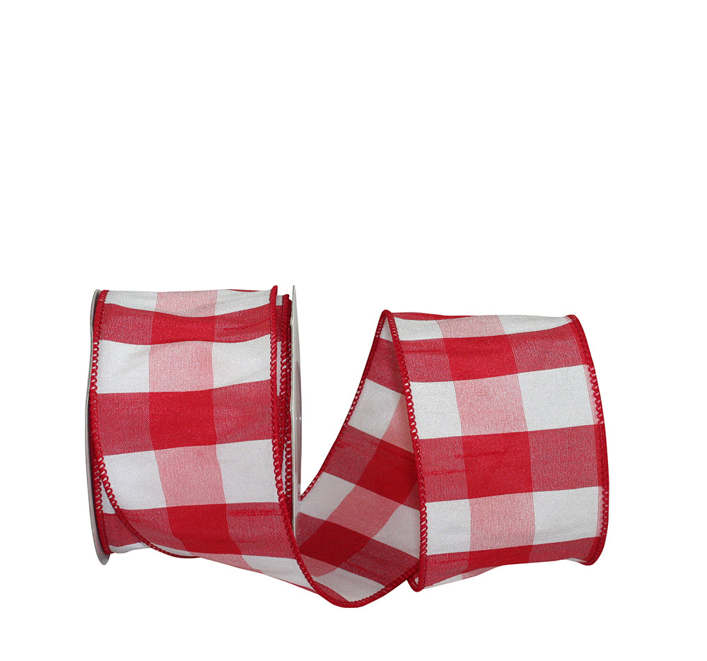 Dupioni Plaid Buffalo Ribbon Red White 2-1/2 Inch Wired Edge