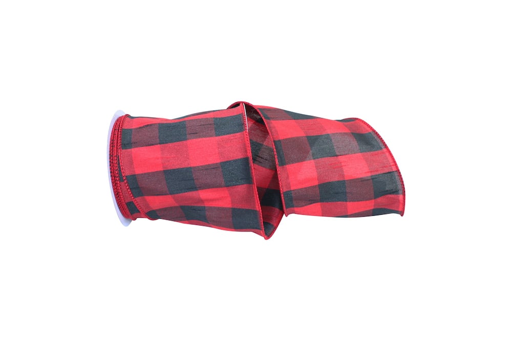 4 Inch Red Black Dupioni Plaid Buffalo Wired Edge Ribbon