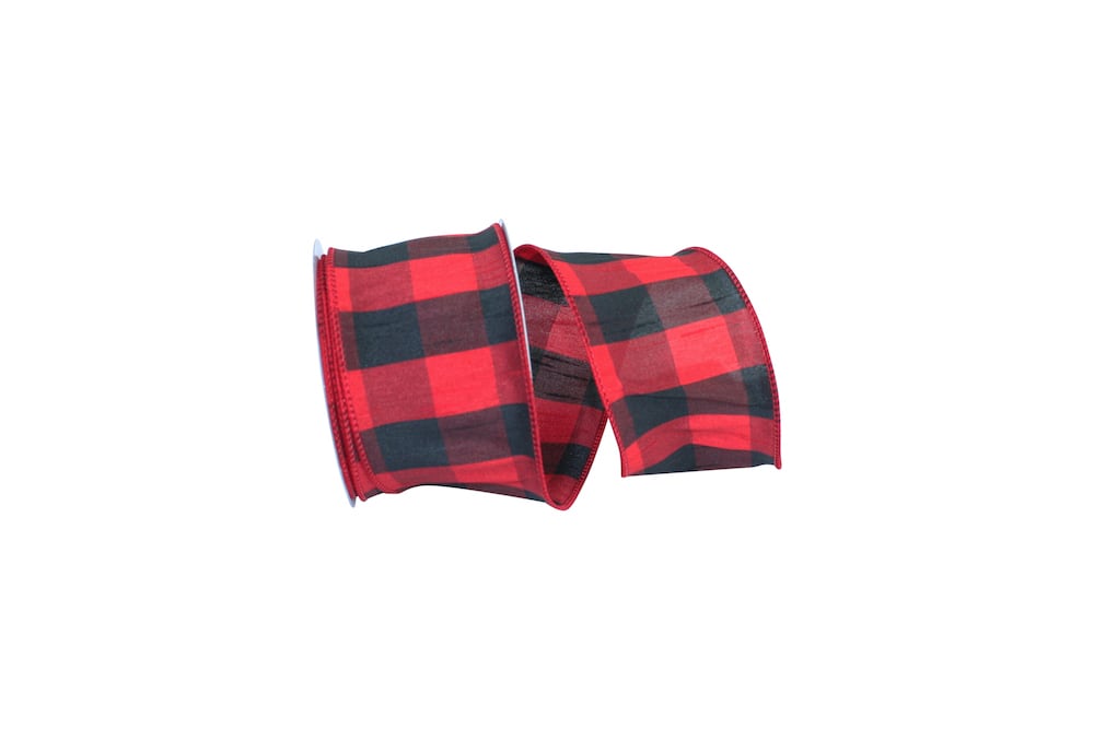 Dupioni Plaid Buffalo Ribbon Red Black 2-1/2 Inch Wired Edge