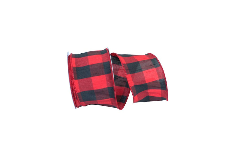 Dupioni Plaid Buffalo Ribbon Red Black 2-1/2 Inch Wired Edge