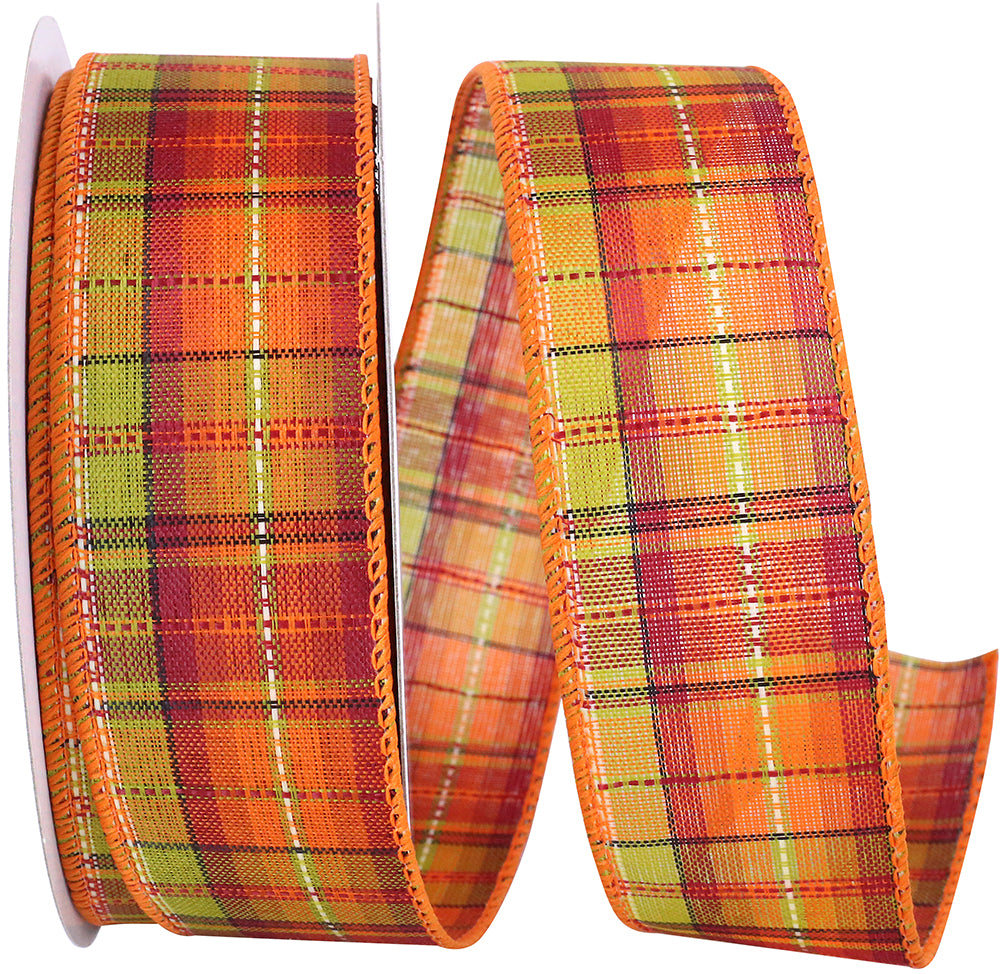 Plaid Wired Edge Ribbon Orange Green 1-1/2 Inch 10 Yards