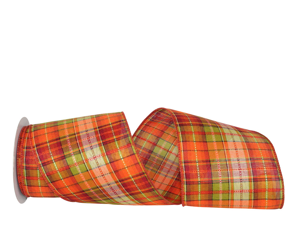Wired Edge Ribbon Orange Green 4 Inch Field Plaid
