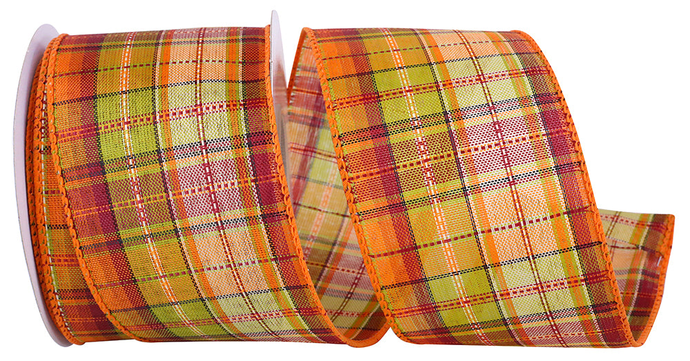 Orange Green 2-1/2 Inch Wired Edge Plaid Ribbon