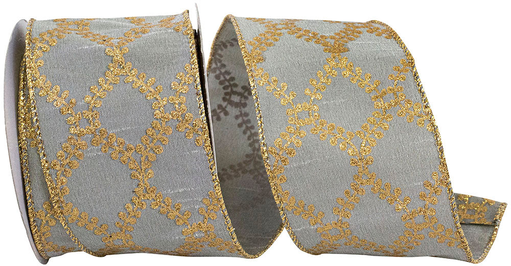 Silver Gold 2-1 2 Inch Filigree Crest Dupioni Wired Edge Ribbon for Wreaths & Bows