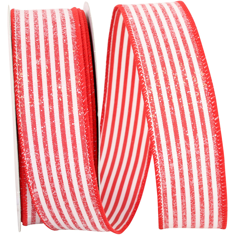 White Red 1-1 2 Inch Frosted Candy Stripes Wired Edge Ribbon for Wreaths & Bows