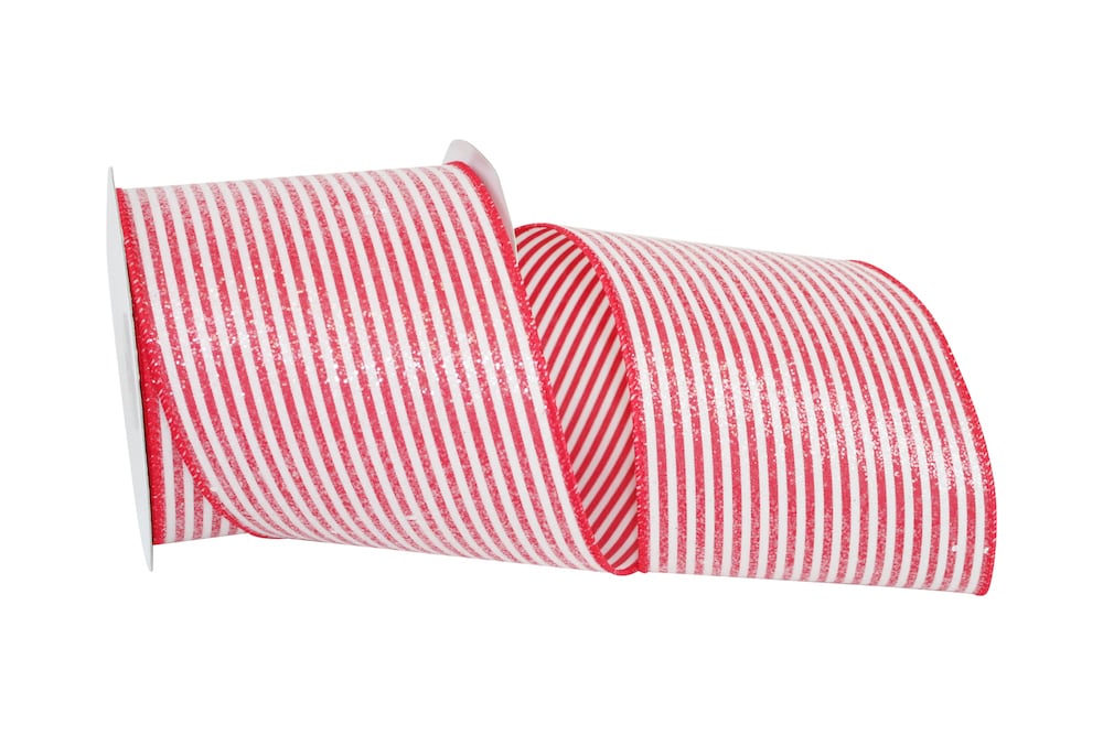 White Red 4 Inch Frosted Candy Stripes Wired Edge Ribbon for Wreaths & Bows