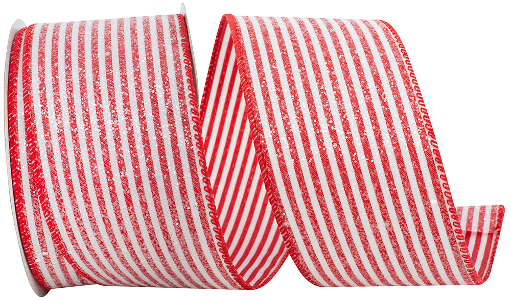 White Red 2-1 2 Inch Frosted Candy Stripes Wired Edge Ribbon for Wreaths & Bows