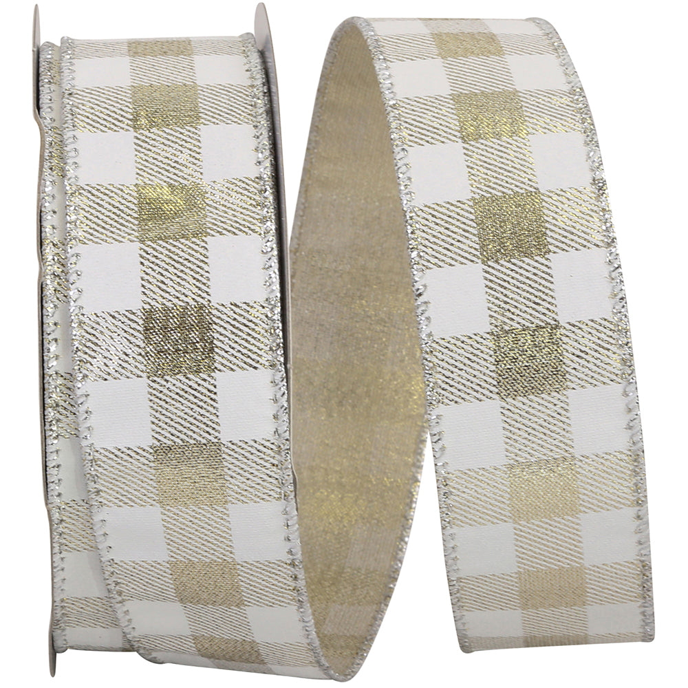 Gingham Metallic Jumbo Wired Edge Ribbon White Platinum 1-1/2 Inch