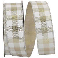 Gingham Metallic Jumbo Wired Edge Ribbon White Platinum 1-1/2 Inch