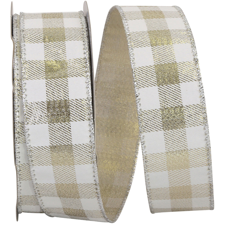 Gingham Metallic Jumbo Wired Edge Ribbon White Platinum 1-1/2 Inch