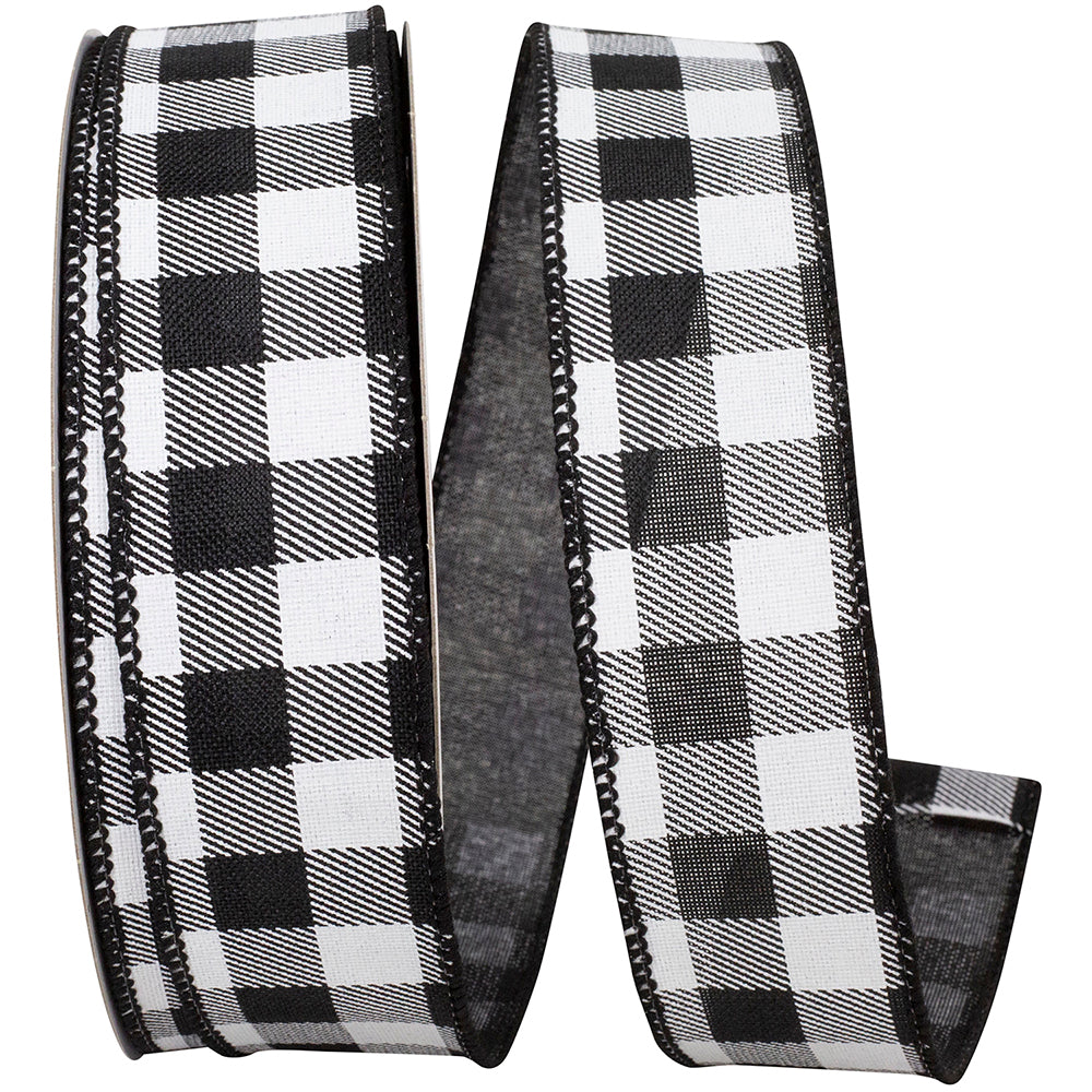 Gingham Print Taffeta Wired Edge Ribbon White Black 1-1/2 Inch