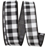 Gingham Print Taffeta Wired Edge Ribbon White Black 1-1/2 Inch