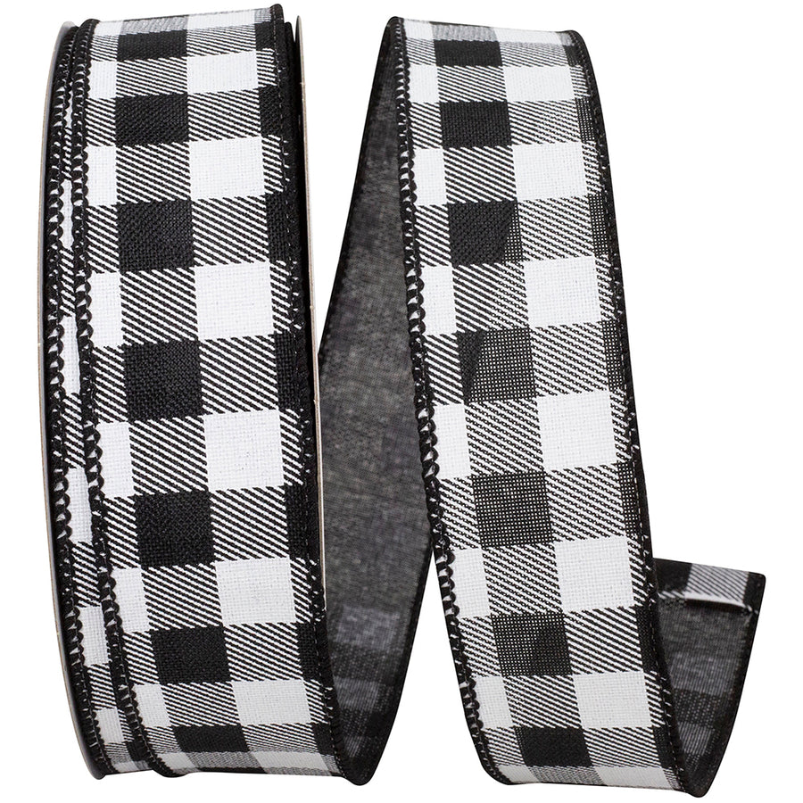 Gingham Print Taffeta Wired Edge Ribbon White Black 1-1/2 Inch