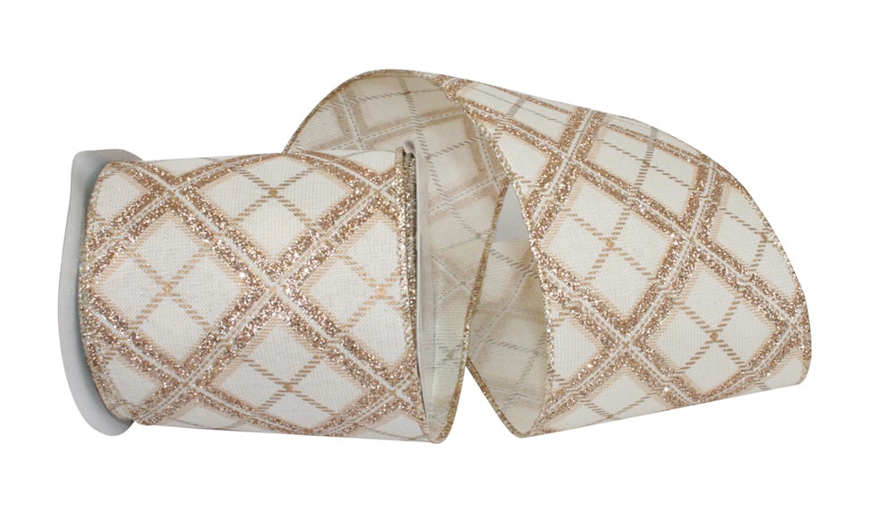 Glitter Diagonal Linen Ribbon 4 Inch Ivory Gold 10 Yards