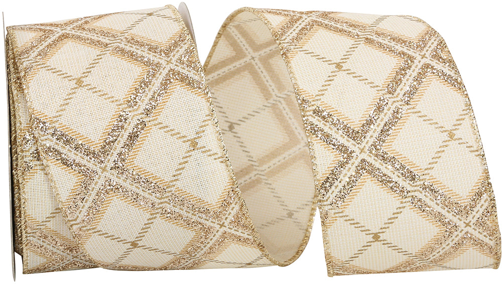 Glitter Diagonal Linen Wired Edge Ribbon Ivory Gold 2-1/2 Inch