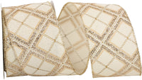 Glitter Diagonal Linen Wired Edge Ribbon Ivory Gold 2-1/2 Inch