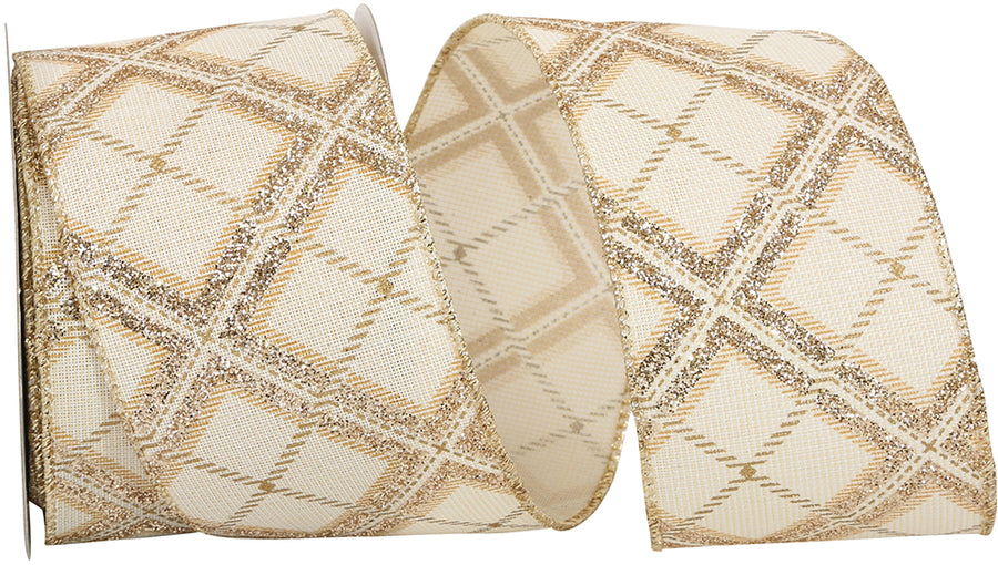 Glitter Diagonal Linen Wired Edge Ribbon Ivory Gold 2-1/2 Inch