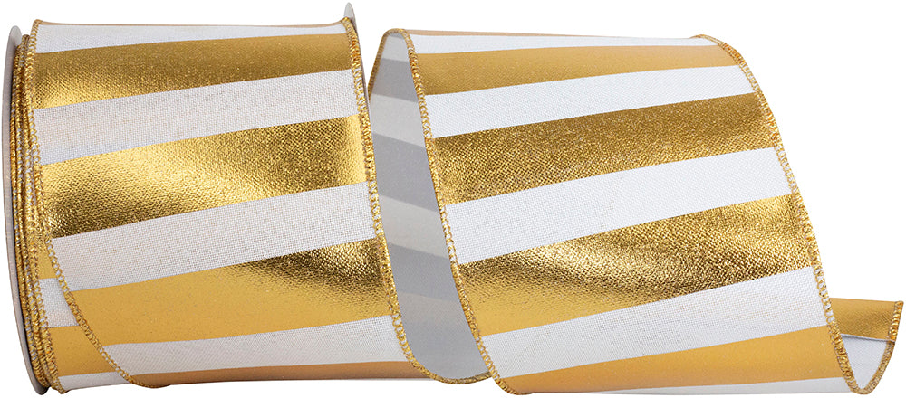 Gold Bar Metallic Linen Ribbon 4 Inch White Gold 10 Yards