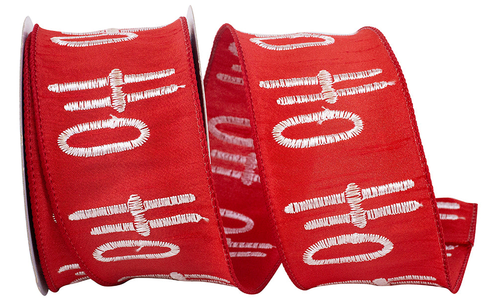 Red White 2-1 2 Inch Ho-Ho-Ho Embroidered Dupioni Wired Edge Ribbon for Wreaths & Bows