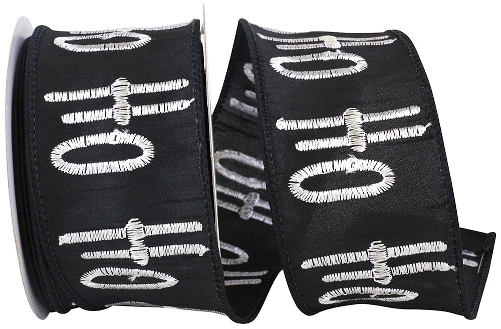 Black White 2-1 2 Inch Ho-Ho-Ho Embroidered Dupioni Wired Edge Ribbon for Wreaths & Bows